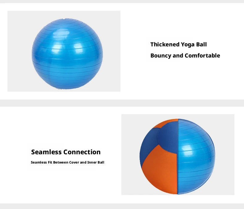 Blue interactive dog training ball featuring a durable, seamless orange and blue fabric cover over an inner bouncy ball.
