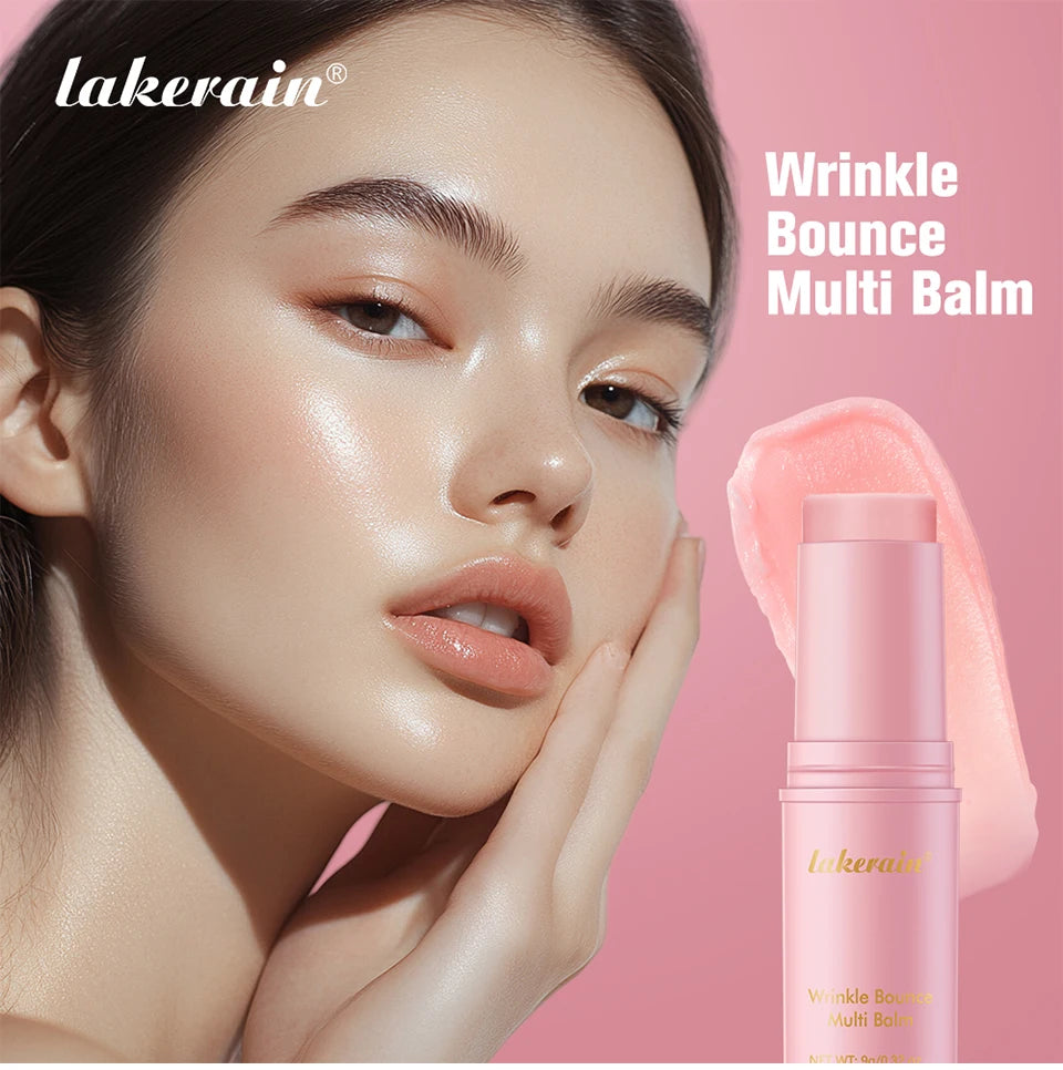Pink wrinkle bounce multi-balm stick for glowing skin, shown next to a model with a radiant, dewy complexion.
