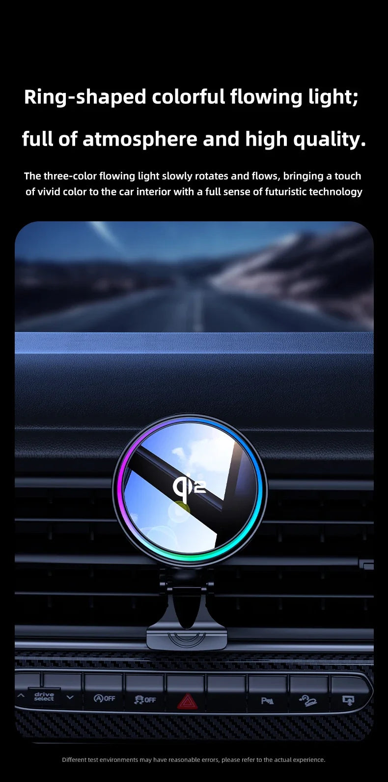 Circular car phone mount with a glossy black face and a vibrant, rainbow-colored LED ring light, attached to a vent.