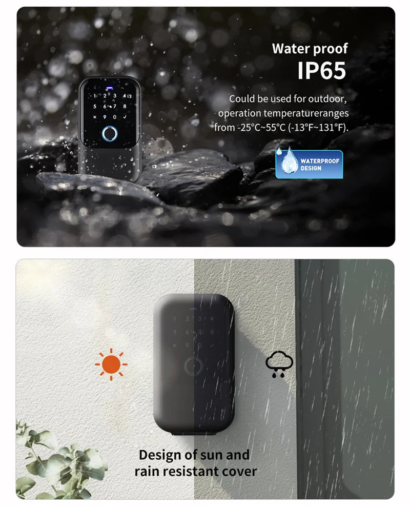 Black, weatherproof metal smart keypad door lock with IP65 rating for outdoor use in extreme temperatures.