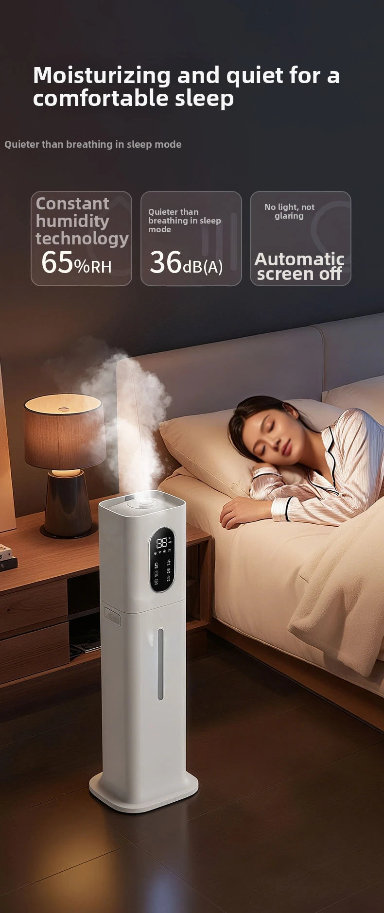 Tall white smart ultrasonic humidifier with digital display, releasing a mist in a quiet bedroom setting.