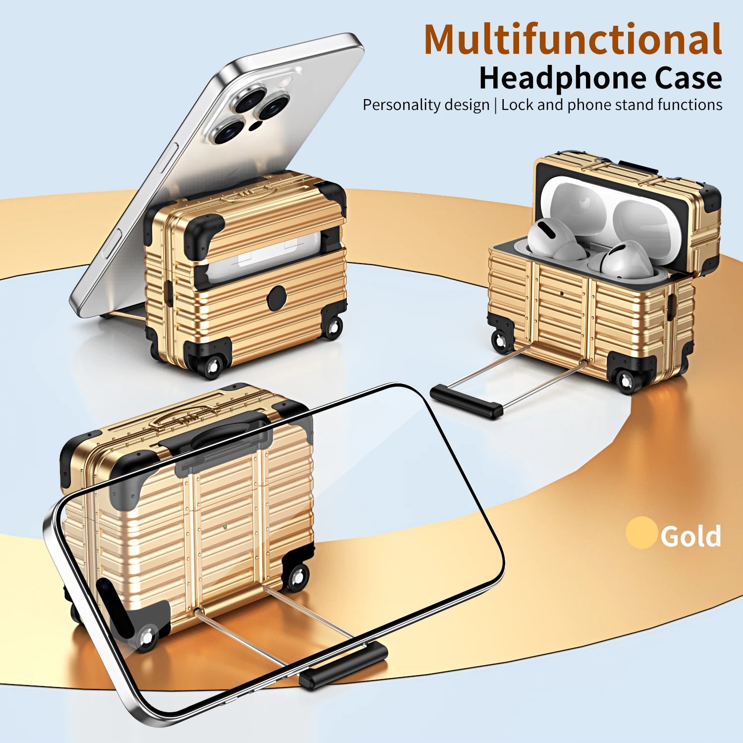Gold luggage-style AirPod Pro case with built-in phone stand and lock function. Robust, metallic textured design.