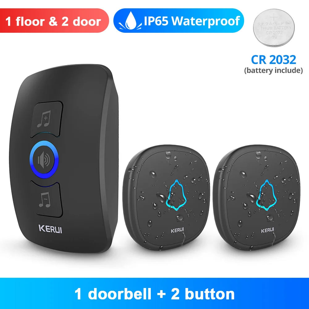 Black plastic doorbell set with one receiver and two waterproof push buttons, including a CR2032 battery.