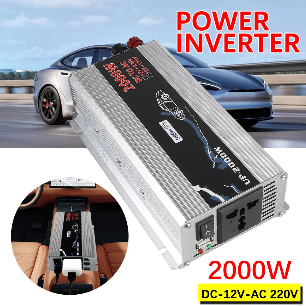 Silver 2000W car power inverter with a UK-style AC socket and USB port, shown with a car interior and exterior.