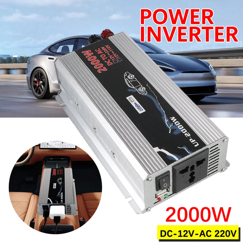 Silver 2000W car power inverter with a UK-style AC socket and USB port, shown with a car interior and exterior.