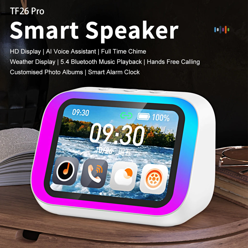White multifunctional smart speaker with a colour-changing LED border and digital touchscreen display on a wooden desk.