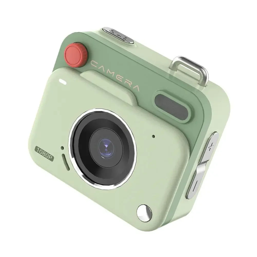 Small, mint-green plastic digital camera with a red shutter button, metal accents, and a front-facing 1080p lens.