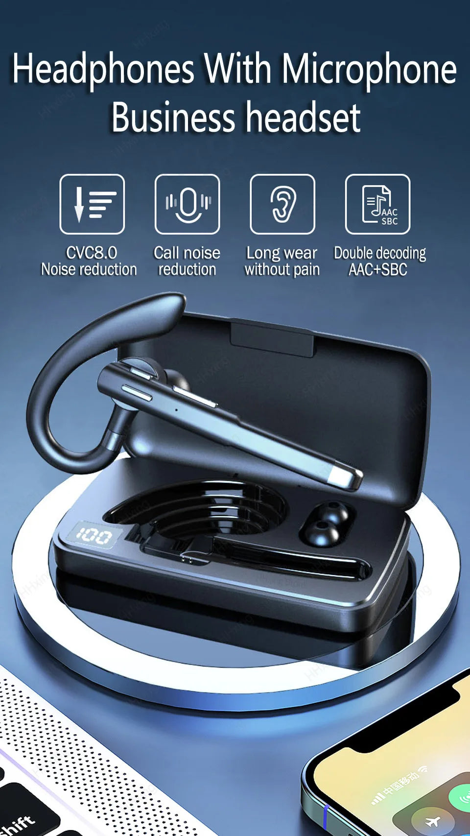 Black wireless ear hook headset with microphone, featuring a charging case with a digital battery display.