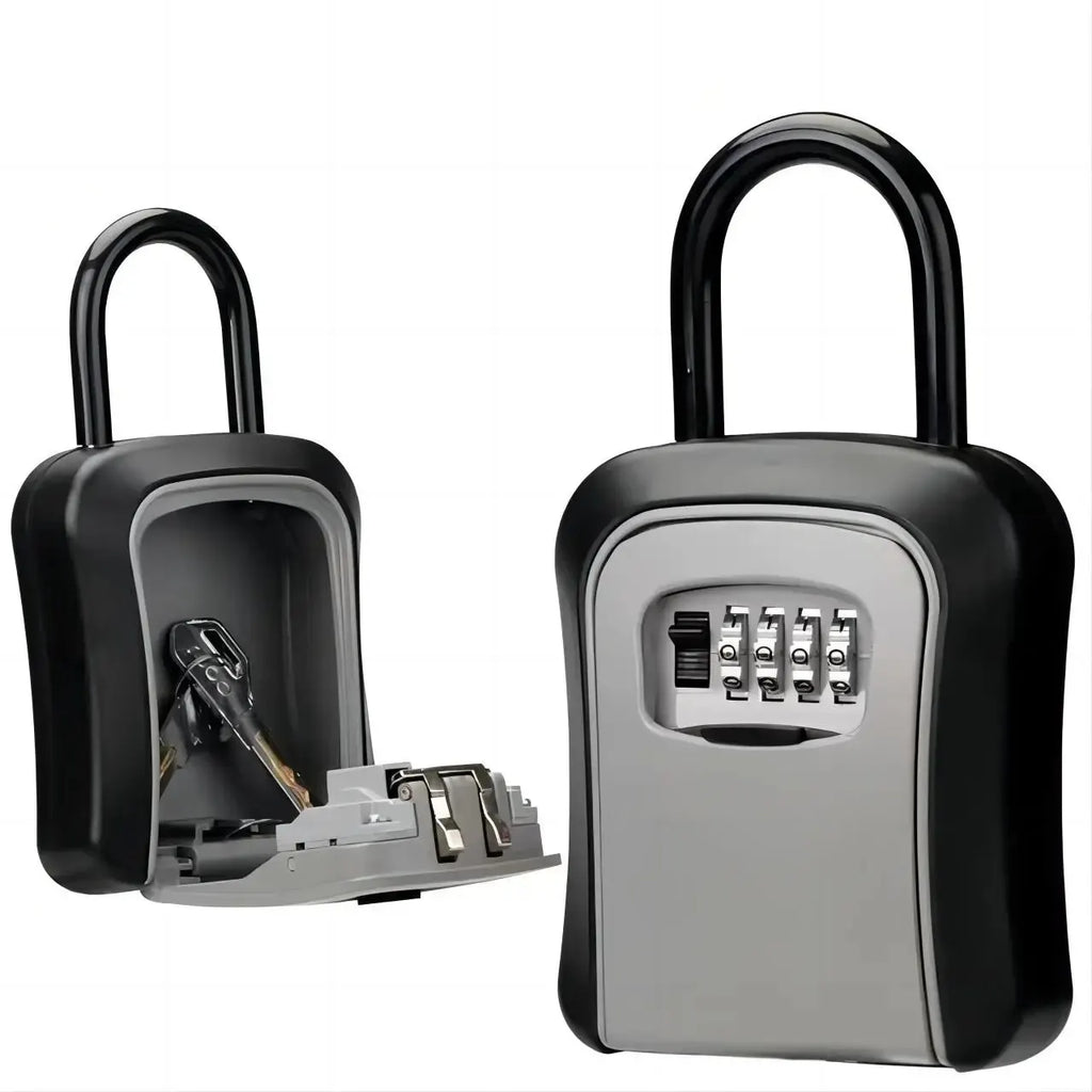 Black and grey metal portable key lock box with a four-digit combination dial and shackle, shown open and closed.