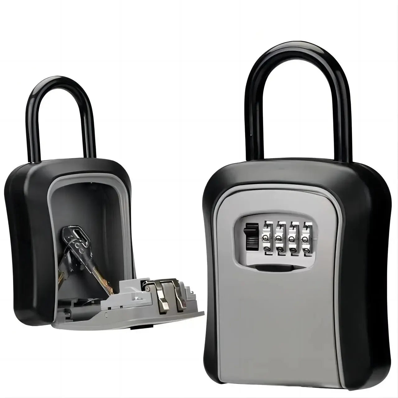 Black and grey metal portable key lock box with a four-digit combination dial and shackle, shown open and closed.