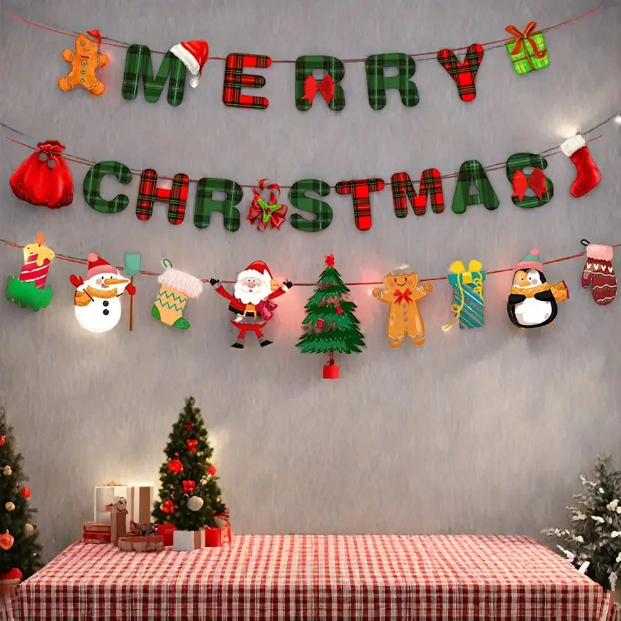 Festive Merry Christmas banner with tartan letters and hanging ornaments, including Santa, snowman and fairy lights.