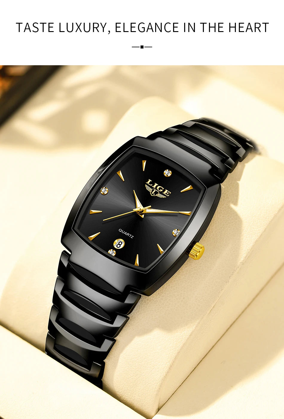 Elegant black stainless steel ladies' quartz watch with gold accents, stone hour markers, and a date display.