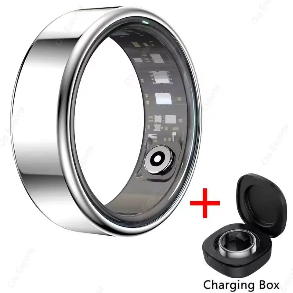 Sleek silver smart health ring with an internal sensor, shown alongside its compact black charging box.