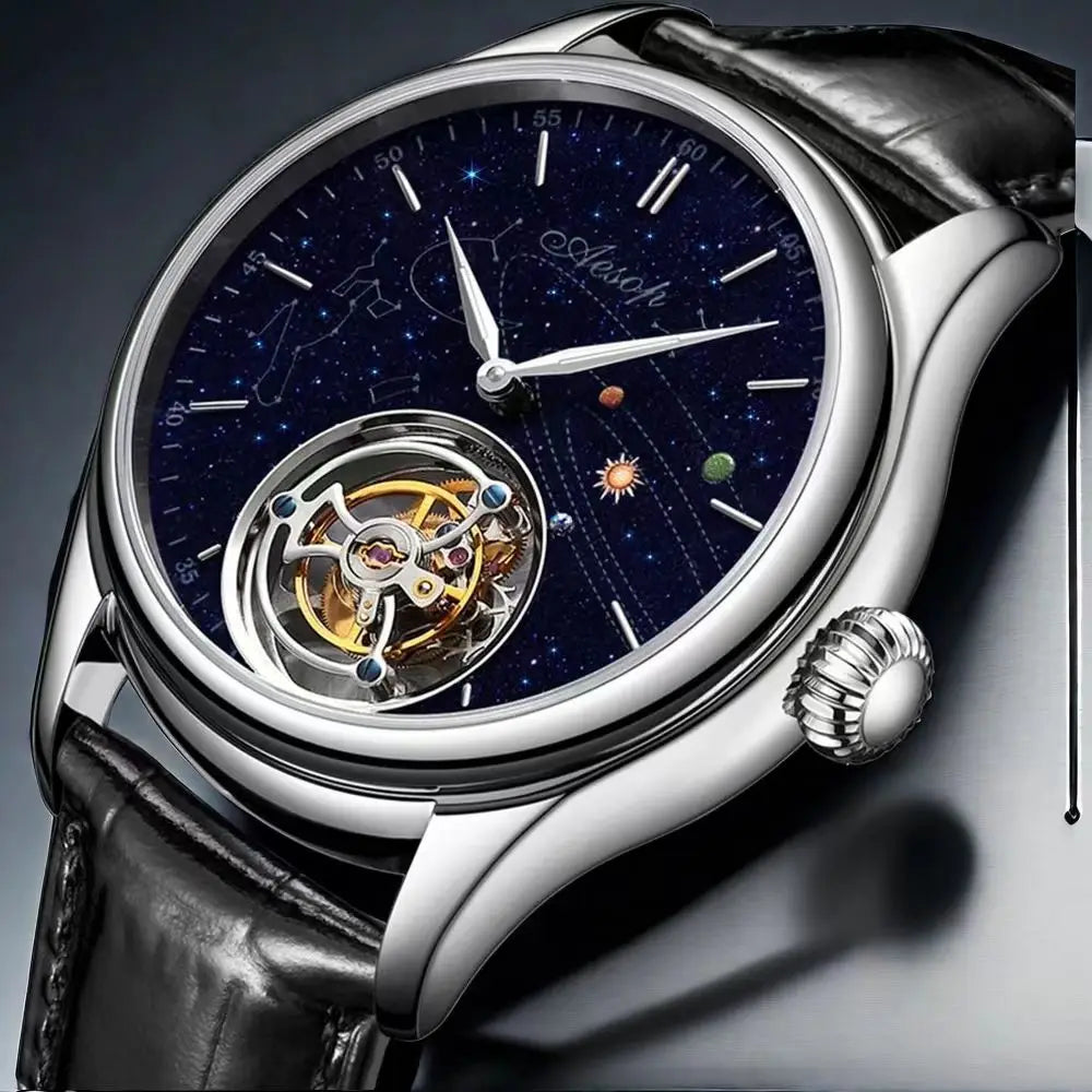 AESOP men's silver wristwatch with black leather strap, blue starry dial, planets, and exposed tourbillon.