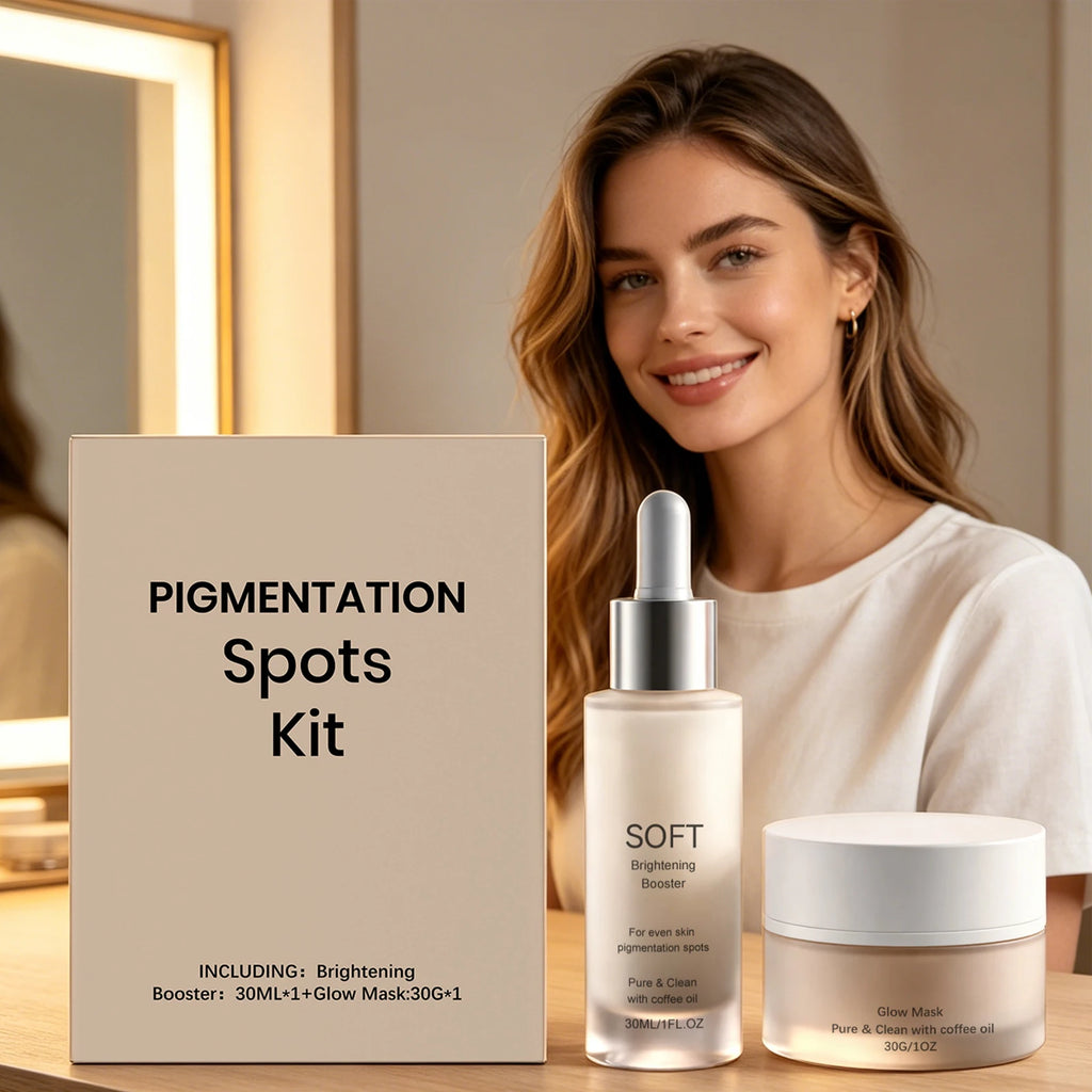 Pigmentation spots skincare kit featuring a brightening booster bottle and glow mask jar on a wooden table.