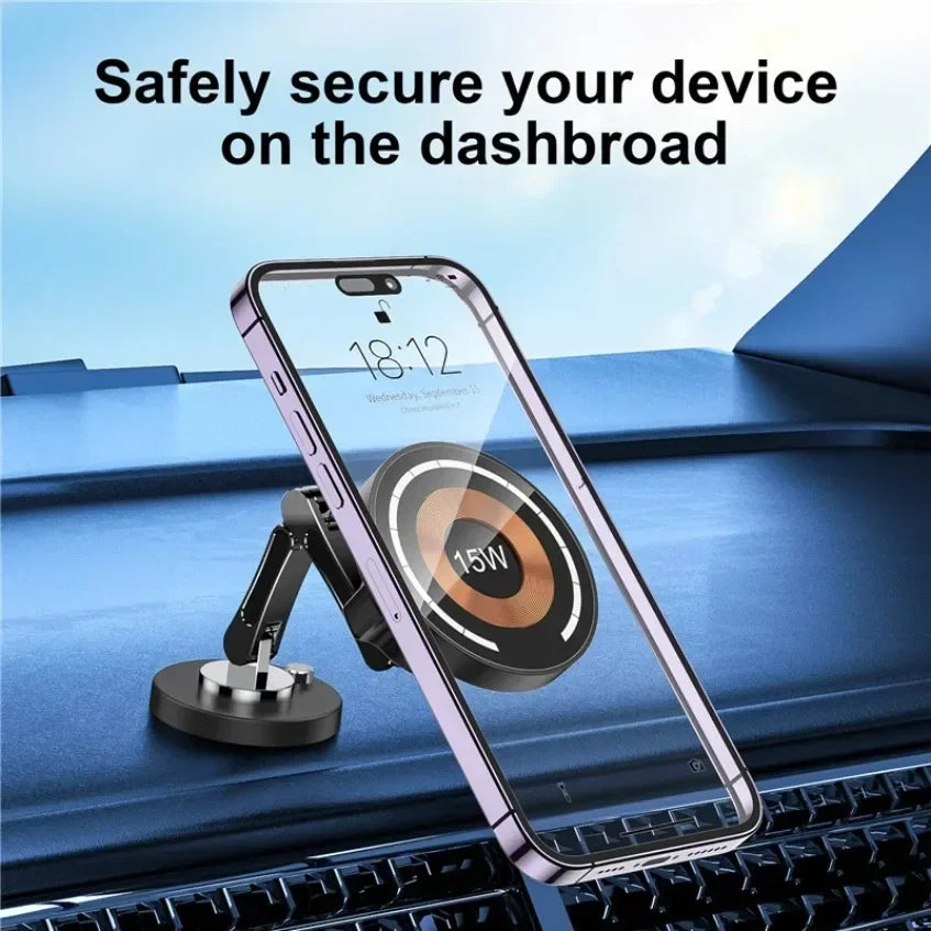 Black magnetic car phone mount with adjustable arm, holding a smartphone on a dashboard. 15W wireless charging pad.