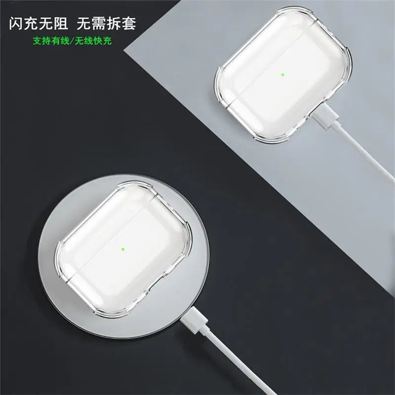 Clear, shockproof silicone case for AirPods Pro, supporting wired and wireless charging.