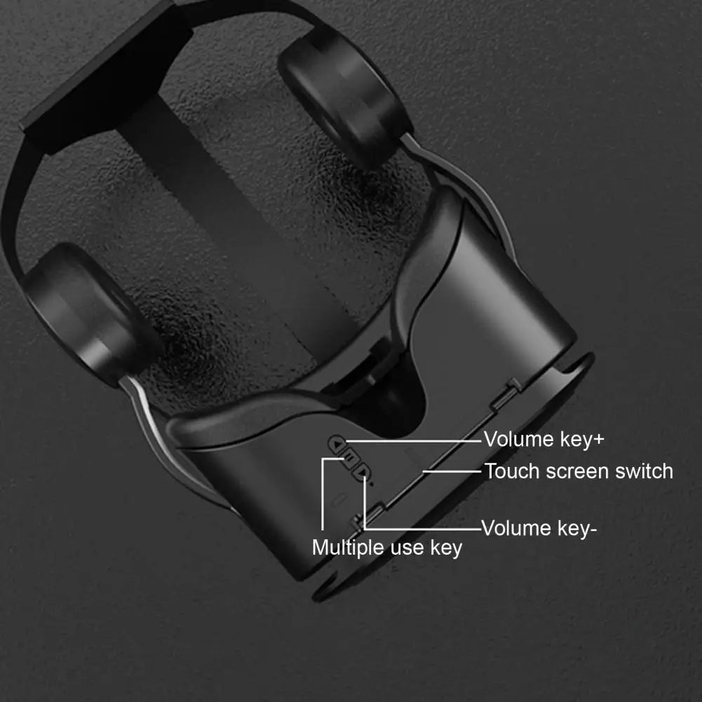 Black VR headset with integrated headphones and side control buttons labeled volume, touch screen, and multi-use.
