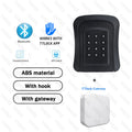Black ABS electronic key lock box with keypad, Bluetooth, app control, hook, and white TTLock gateway.