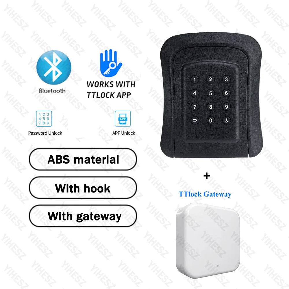 Black ABS electronic key lock box with keypad, Bluetooth, app control, hook, and white TTLock gateway.