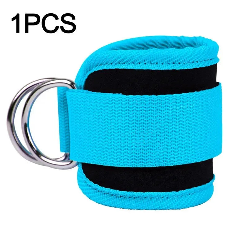 Bright blue and black ankle strap with a silver metal D-ring for gym cable machines.