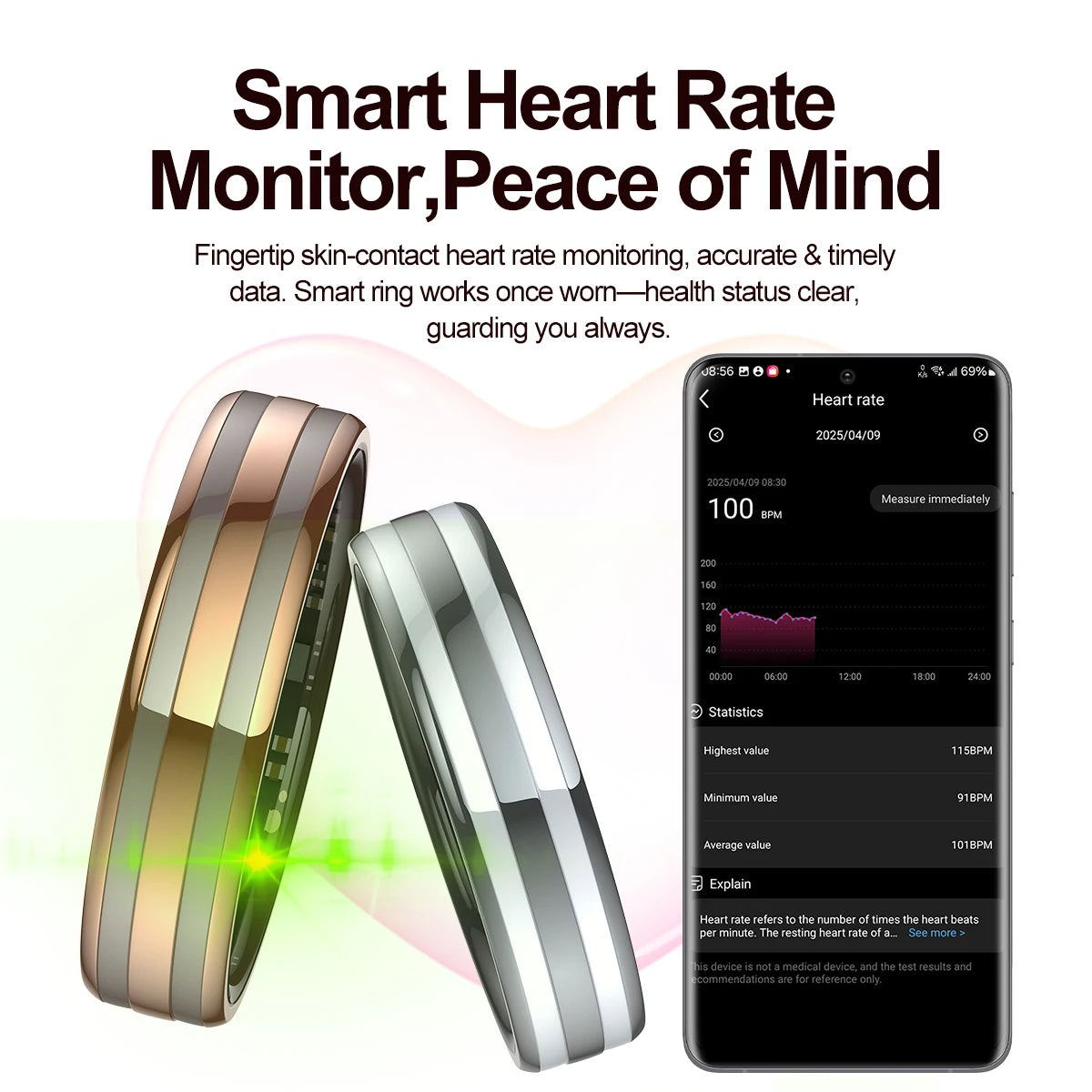 Rose gold and silver smart fitness rings beside a smartphone displaying heart rate data and health statistics.