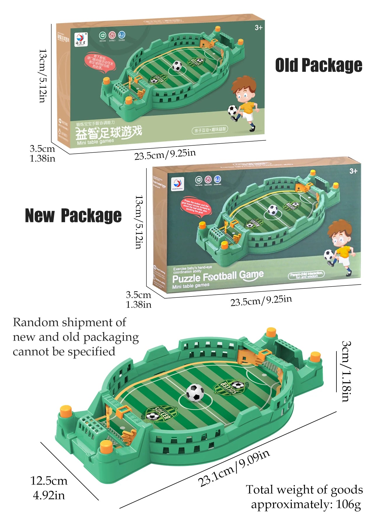 Green plastic mini tabletop football game featuring an oval pitch, goals, and miniature ball with packaging options.
