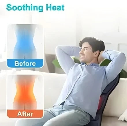 A man relaxing on a black heated massage cushion, with before and after heat maps showing soothing relief.