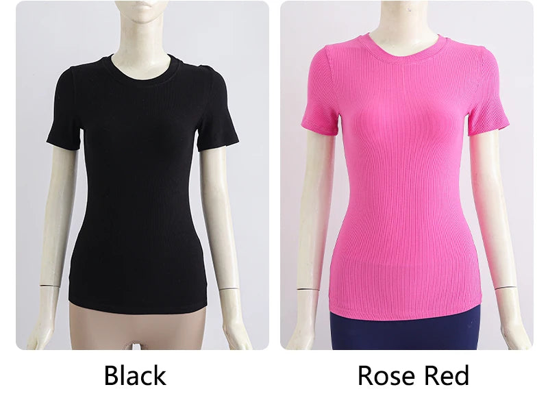 Two ribbed, slim-fit t-shirts with short sleeves and a crew neck, available in solid black and rose red.