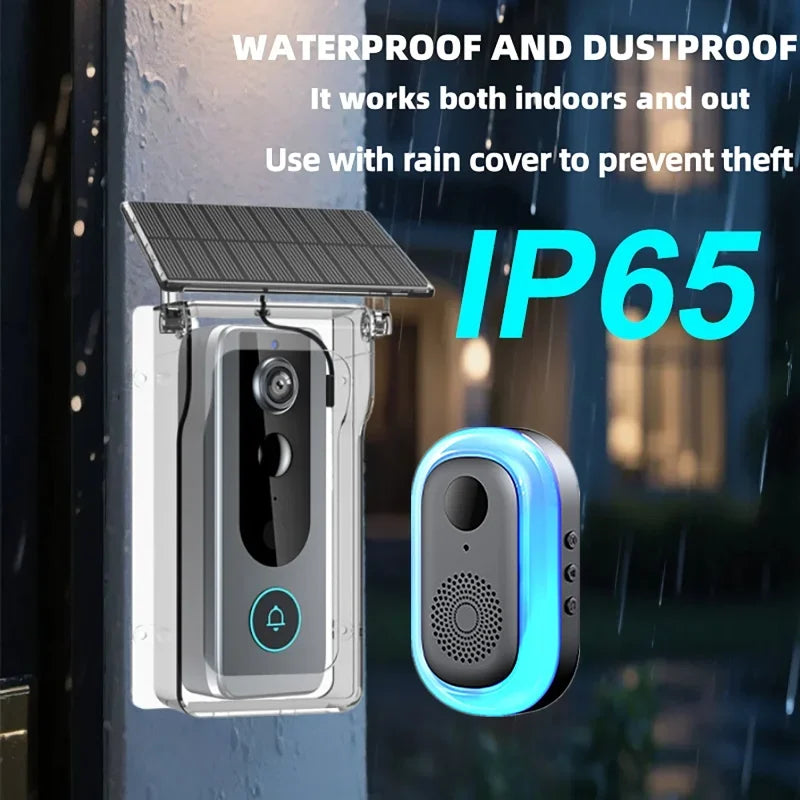 Grey smart video doorbell in a protective cover with a solar panel, plus a matching LED chime unit.