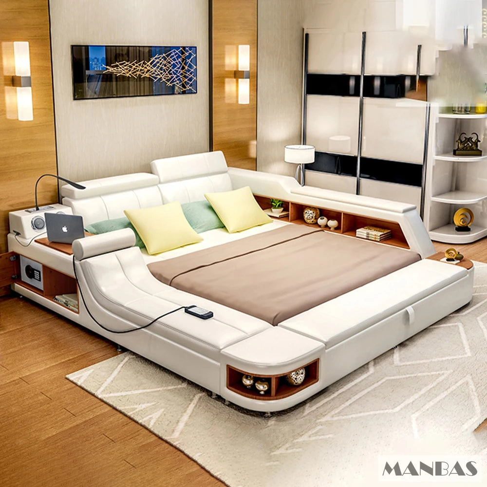 Modern white leather smart bed with integrated shelves, hidden storage, built-in desk, and ambient LED lighting.