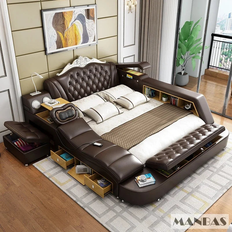 Luxurious dark brown leather smart bed with built-in storage, bookshelves, massage function, speakers, and reading lamp.