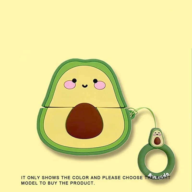 Cute avocado-shaped silicone AirPods case in green and yellow with a matching ring attachment.