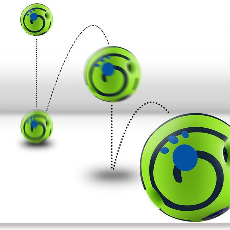 Bright green interactive dog toy ball with blue paw print details, shown bouncing to demonstrate movement.