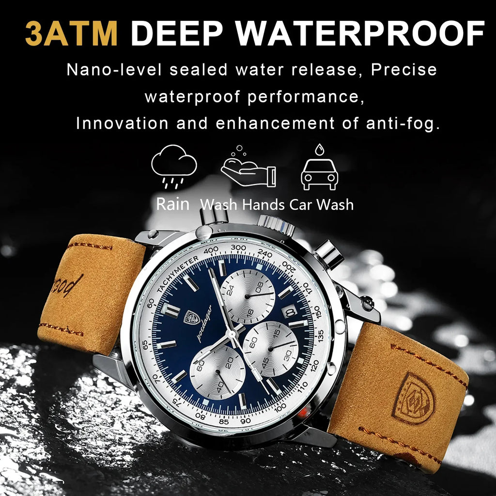 POEDAGAR men's chronograph watch with blue dial, silver sub-dials, silver case, and tan leather strap.