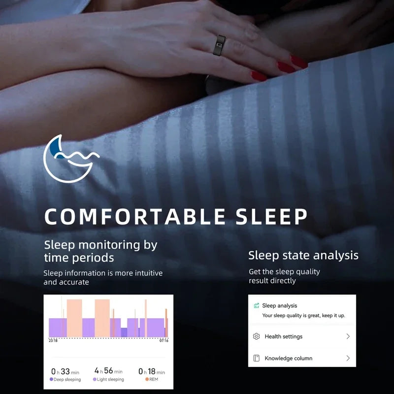 Sleek black smart ring on a person's finger, displaying sleep tracking analytics, graphs, and quality analysis.