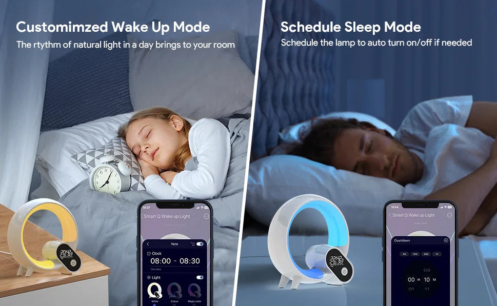 Modern, circular LED wake-up light and alarm clock on a bedside table, showing app control and colour-changing modes.