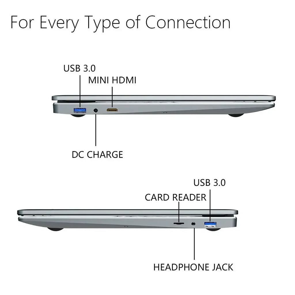 Slim silver laptop showing side ports: USB 3.0, Mini HDMI, DC charge, card reader, and headphone jack.
