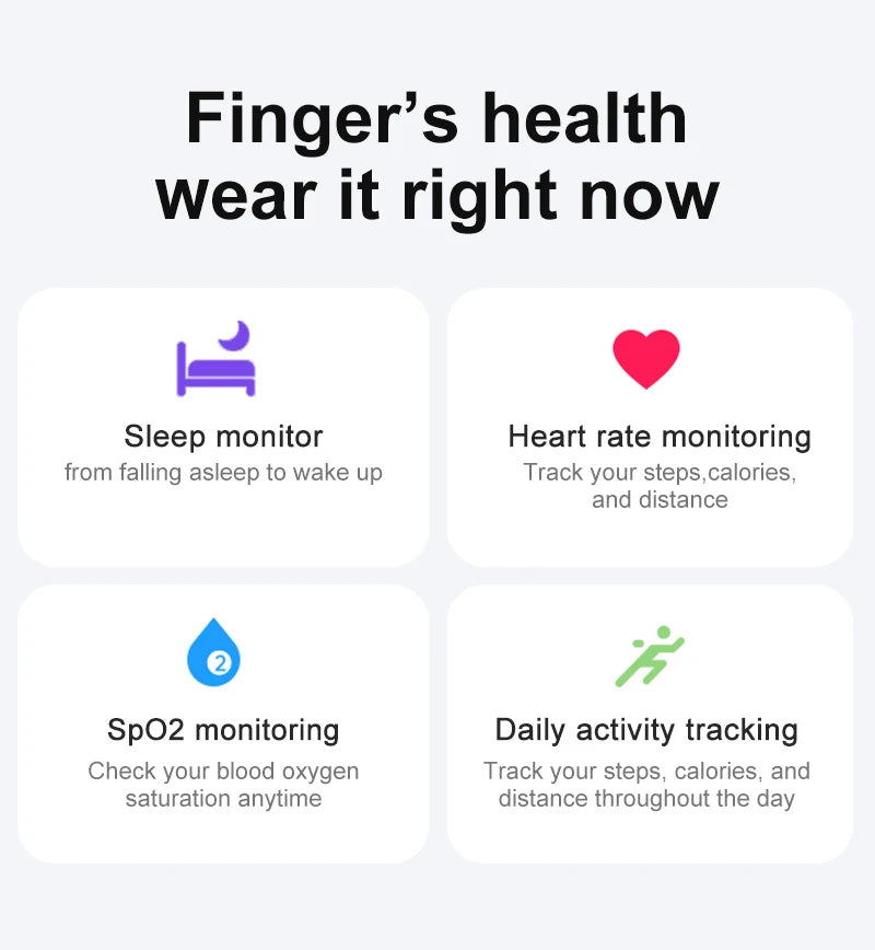 Smart health ring features: sleep tracking, heart rate, blood oxygen monitoring, and daily activity tracking.