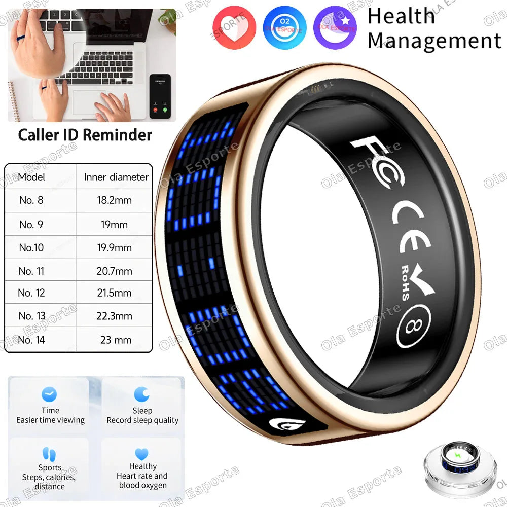 A gold-toned smart fitness ring with a black inner band, featuring a blue digital display for activity tracking.