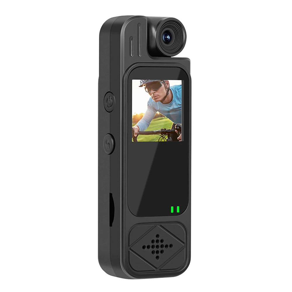 Black matte plastic body camera with a small LCD screen, a circular lens, and side control buttons.