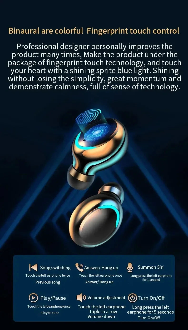 Gold and black wireless earbuds with blue LED ring lighting and fingerprint touch control functionality.