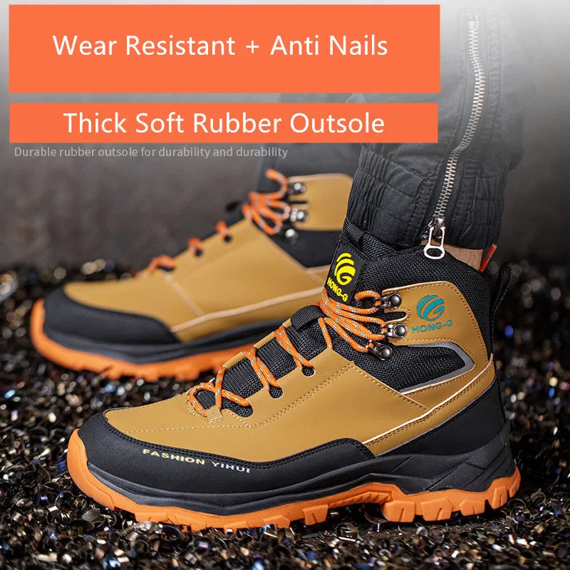 Brown and black high-top safety work boots with orange laces and rugged rubber soles.