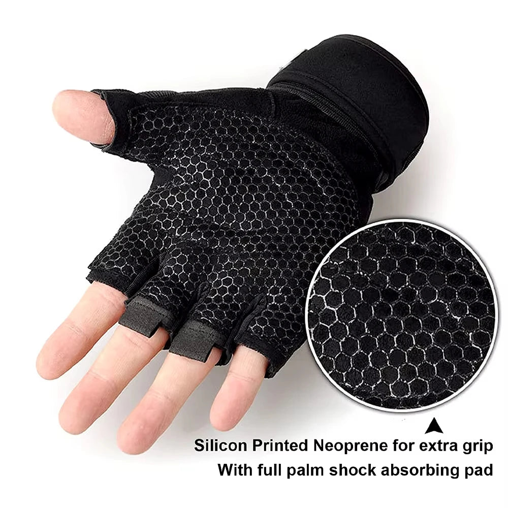 Black fingerless weightlifting glove with a textured honeycomb silicone grip pattern and an adjustable wrist strap.