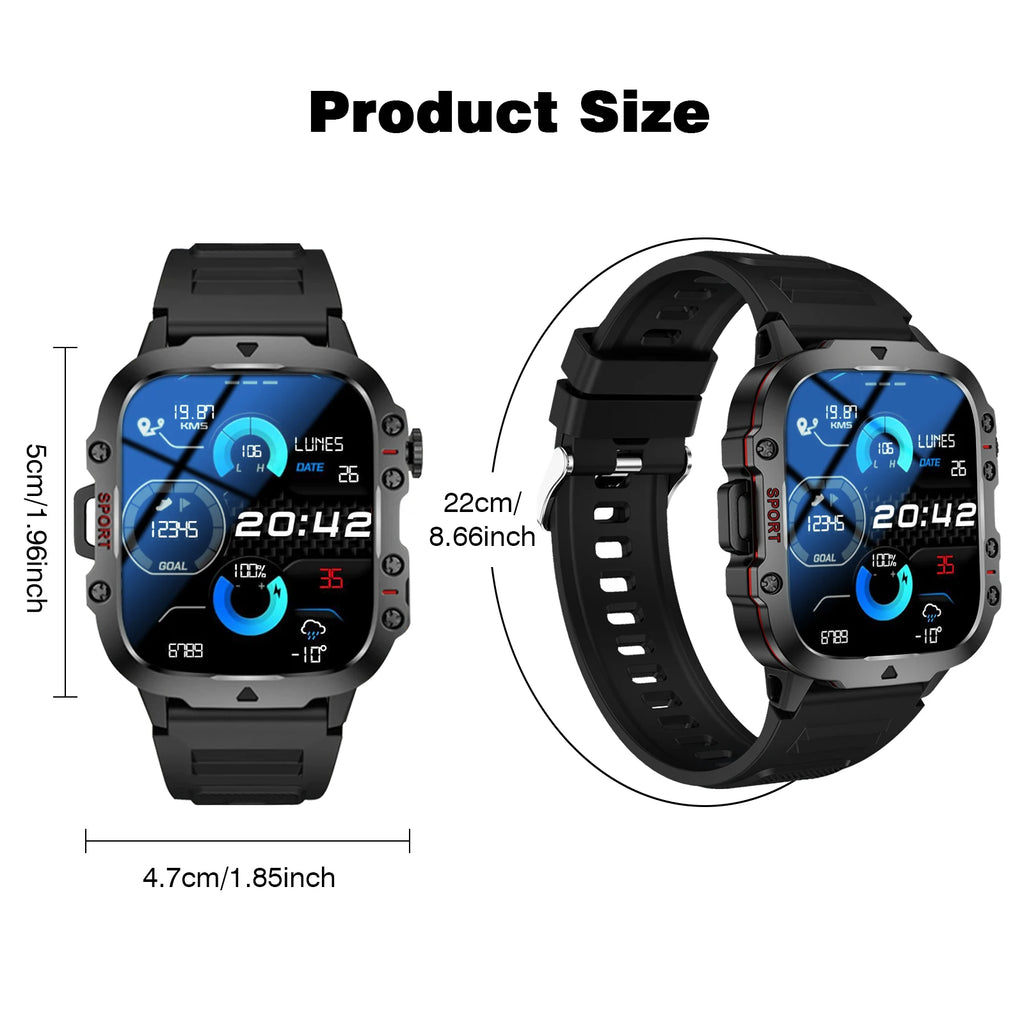Black rugged smartwatch with a square digital display, silicone strap, and dimensions shown for size reference.