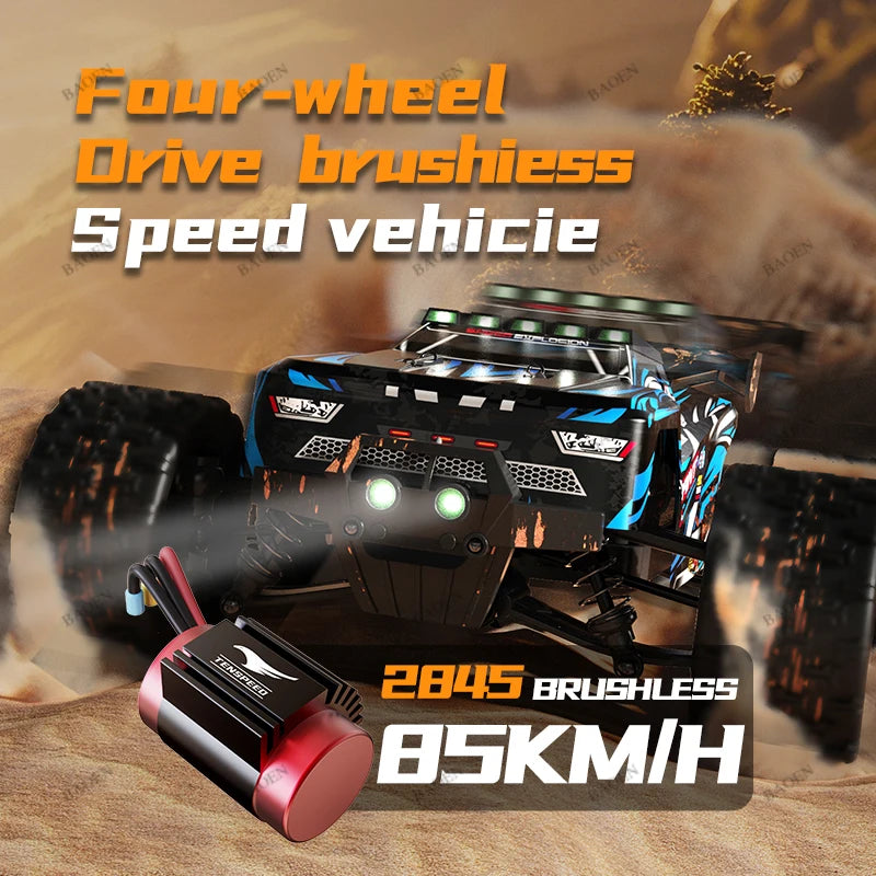 Black and blue RC off-road truck with oversized tires, LED headlights, and a 2845 brushless motor in foreground.