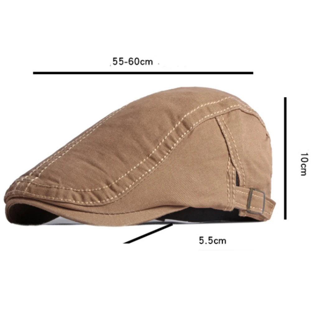 Unisex brown cotton flat cap with decorative stitching and an adjustable side buckle for a comfortable fit.
