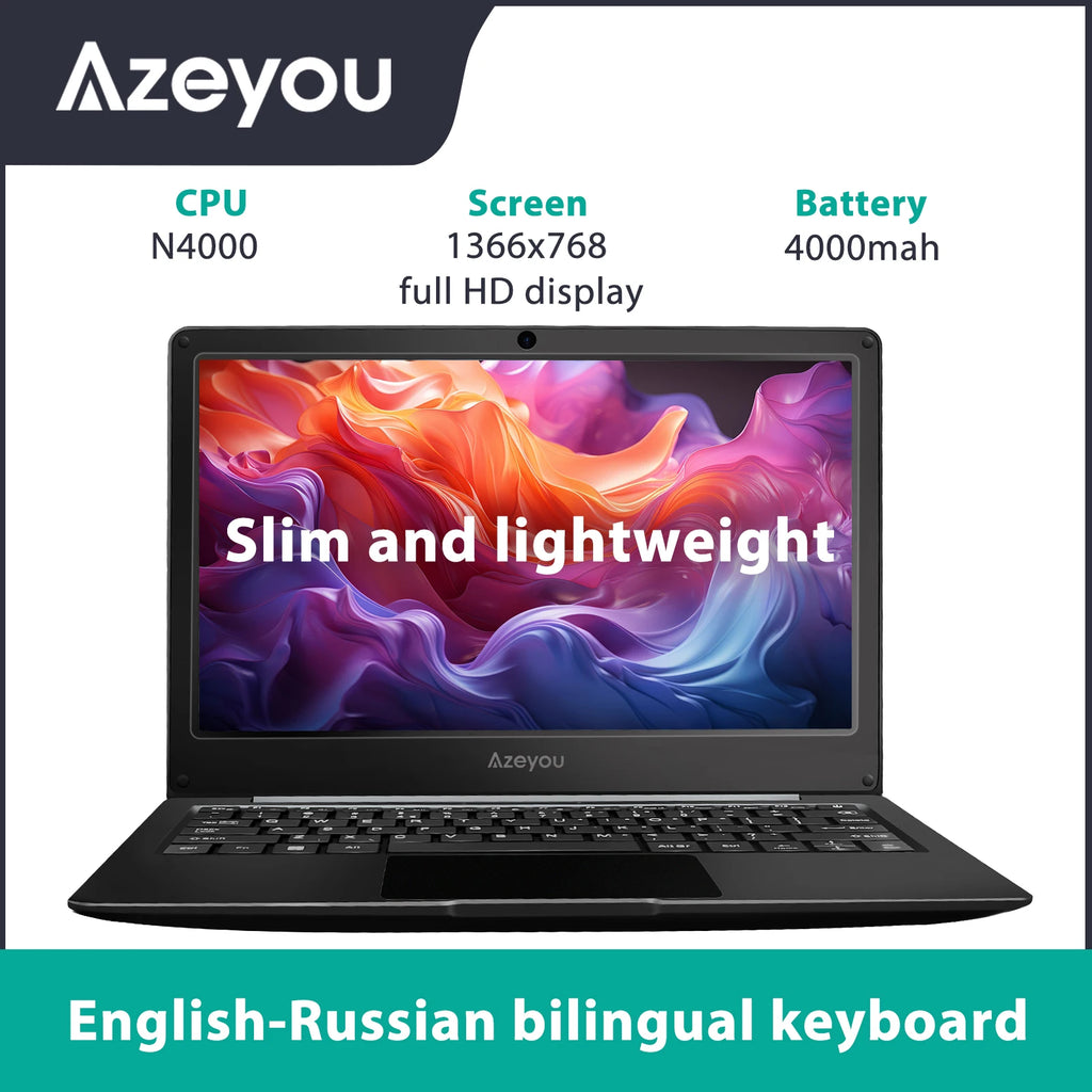 Slim, black 11.6-inch laptop with an abstract colourful wallpaper, thin frame, and bilingual keyboard layout.