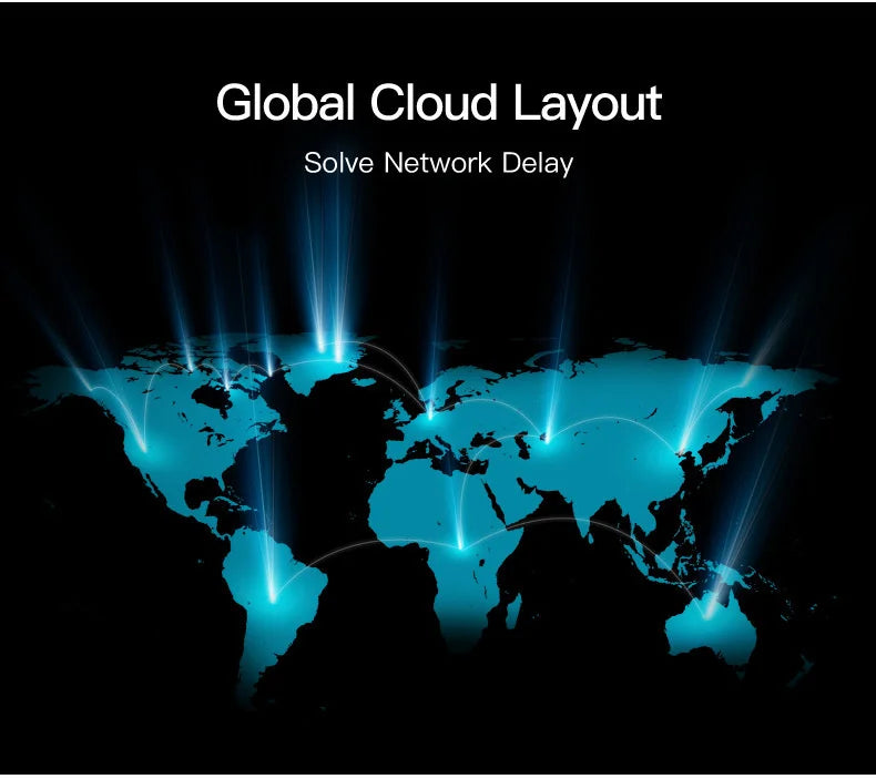 A cyan world map on a black background, featuring vertical light beams and connecting lines to show network coverage.