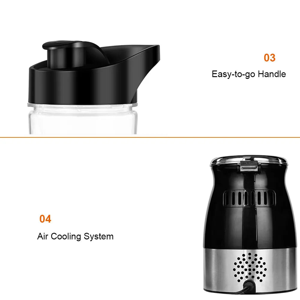 Black bottle lid with carry handle and black-and-silver motor base featuring an air cooling vent.